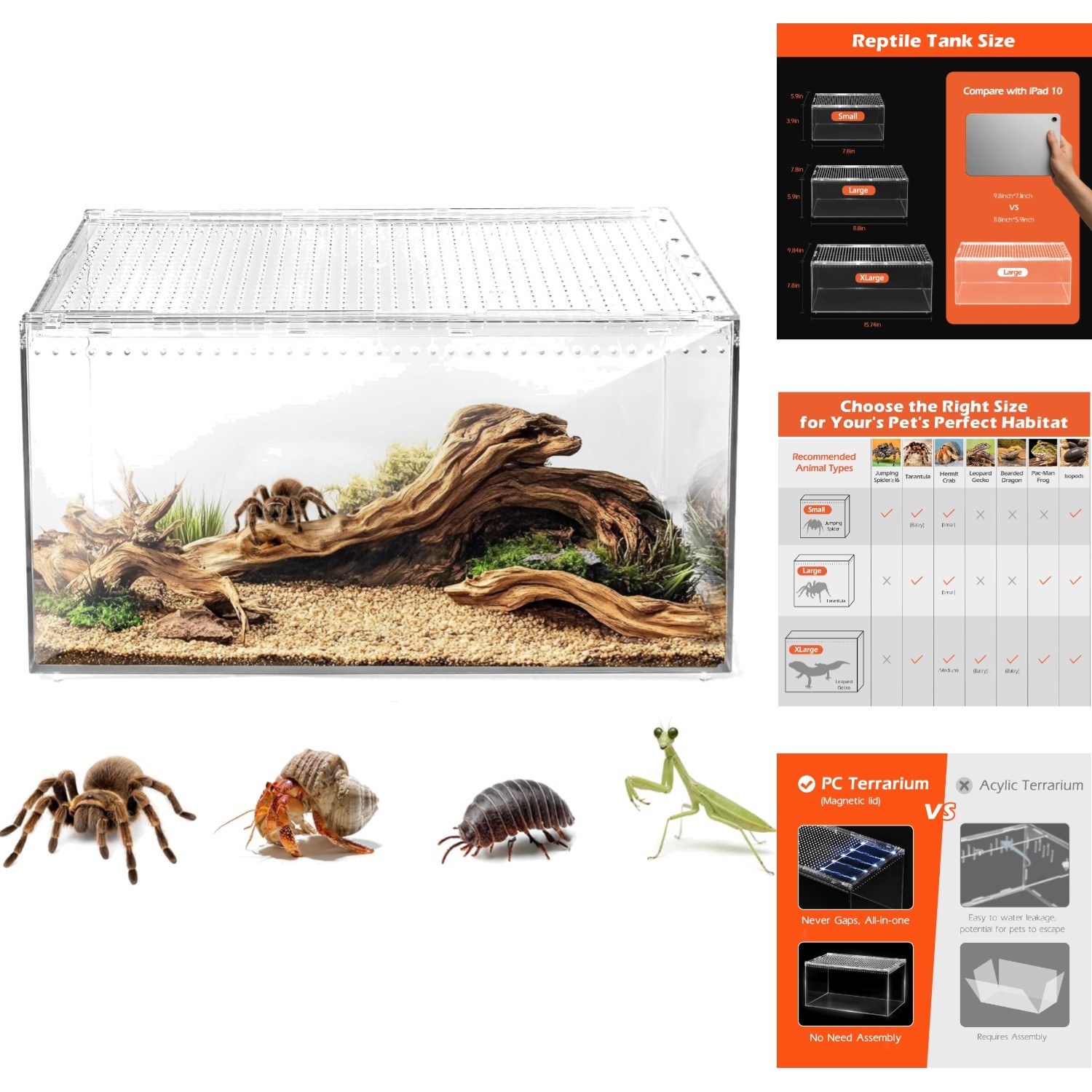 Escape Proof Polycarbonate Terrarium Magnetic Lid 360 View Spider Gecko Tank L