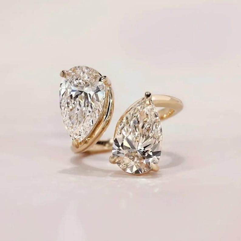 Bypass Shank Pear Cut Moissanite Engagement Ring Toi Et Moi Anniversary Gift Her