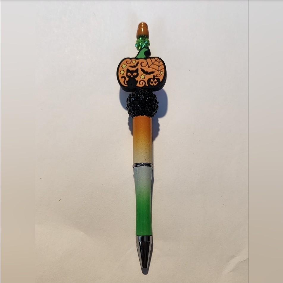 Halloween Beaded Pen Pumpkin Black Cat Gradient Green and Orange Pen