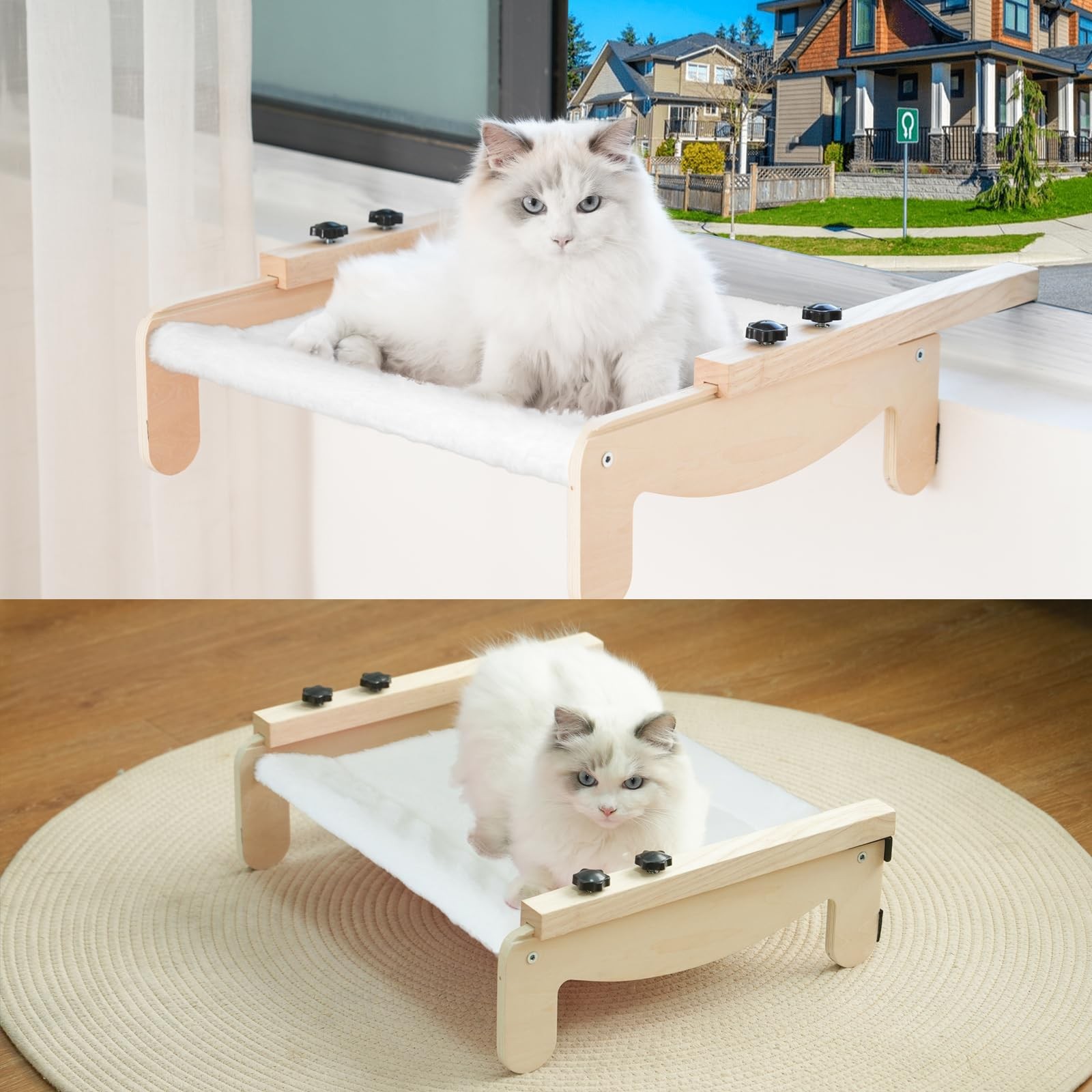COODIA Cat Window Perch 2-in-1 Wooden Hammock Bed for Windowsill & Bedside