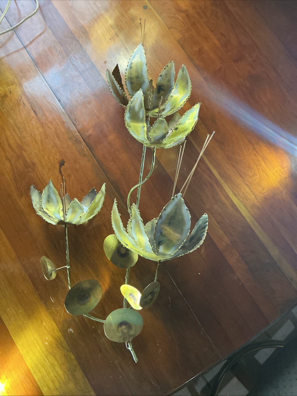 Vintage Curtis JERE Signed 1968 Metal Wall Sculpture Lotus Blossoms Flowers Rare