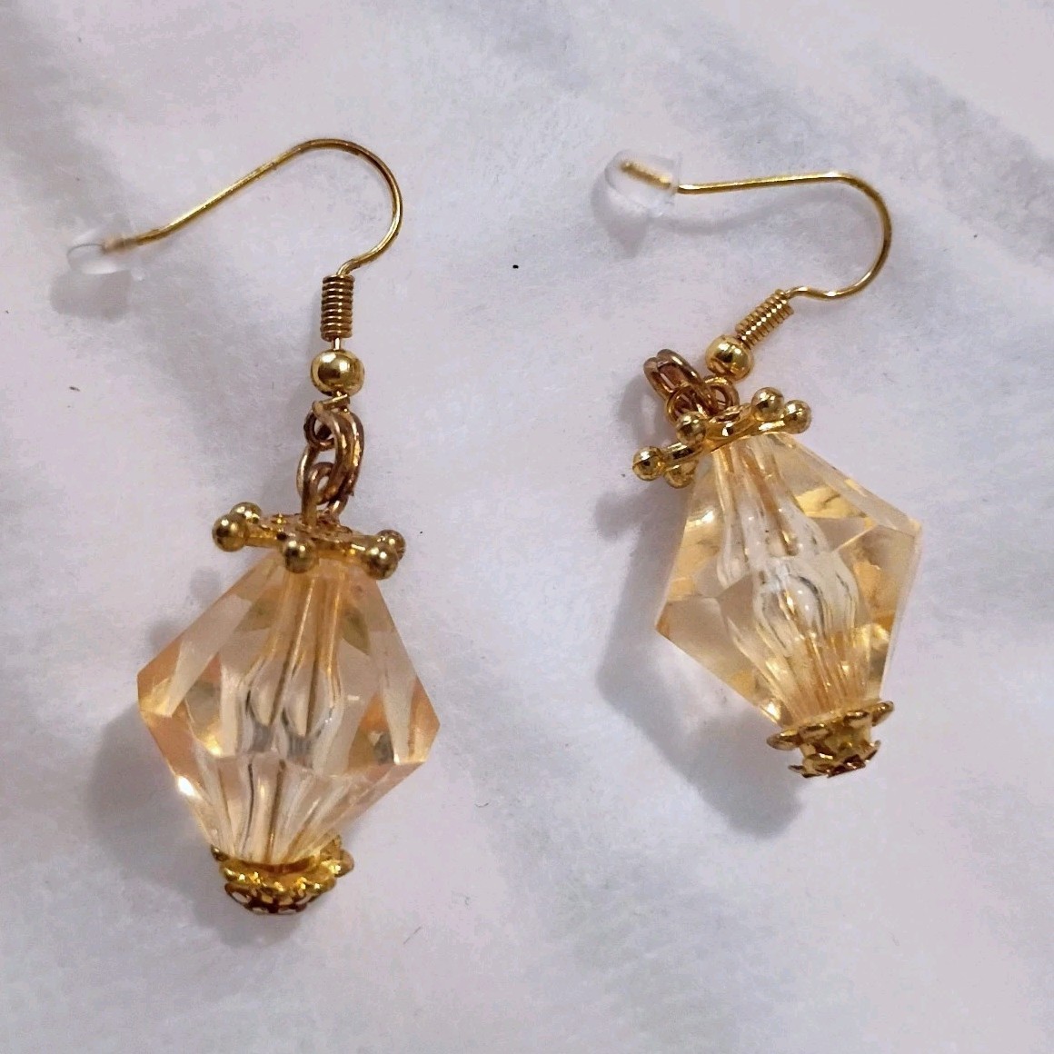 Handcrafted Glass Beaded Dangle Drop Earrings Gold Tone Hook Geometric Clear