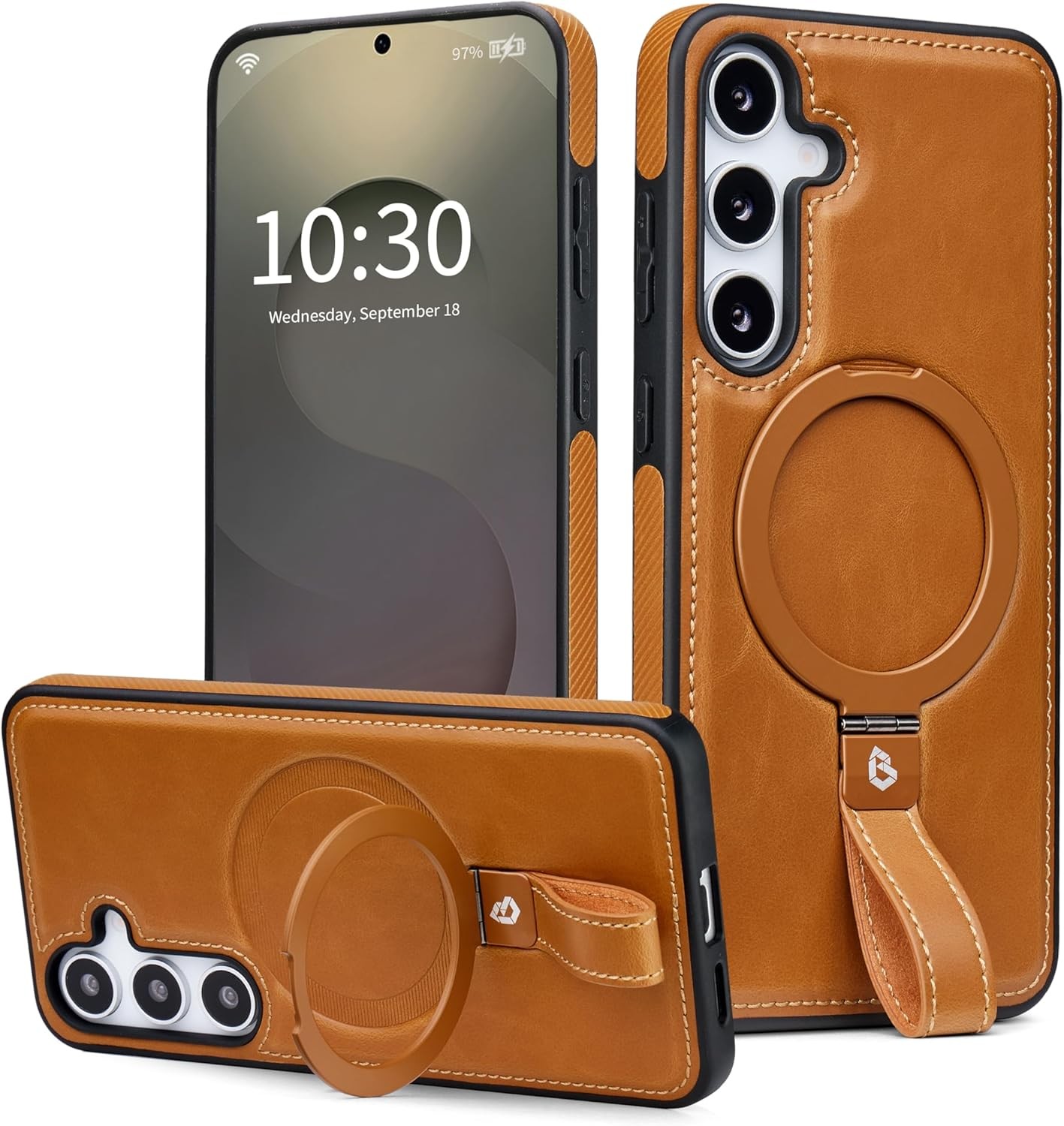Samsung Galaxy S25 Plus and S24 Plus Leather Case with Stand, Anti-Slip Grip Rin