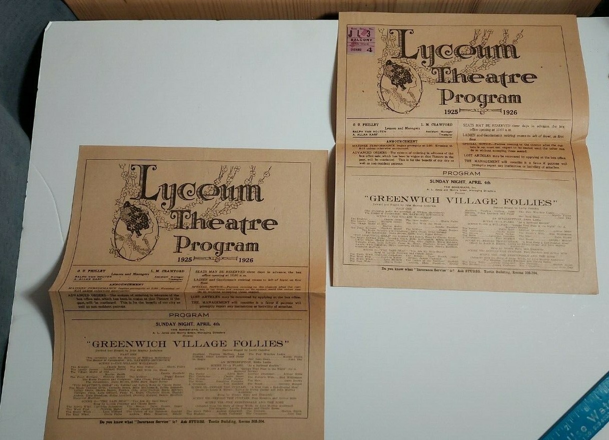 "GREENWICH VILLAGE FOLLIES" 1925-1926 LYCEUM THEATRE PROGRAMS W/TICKET STUB.