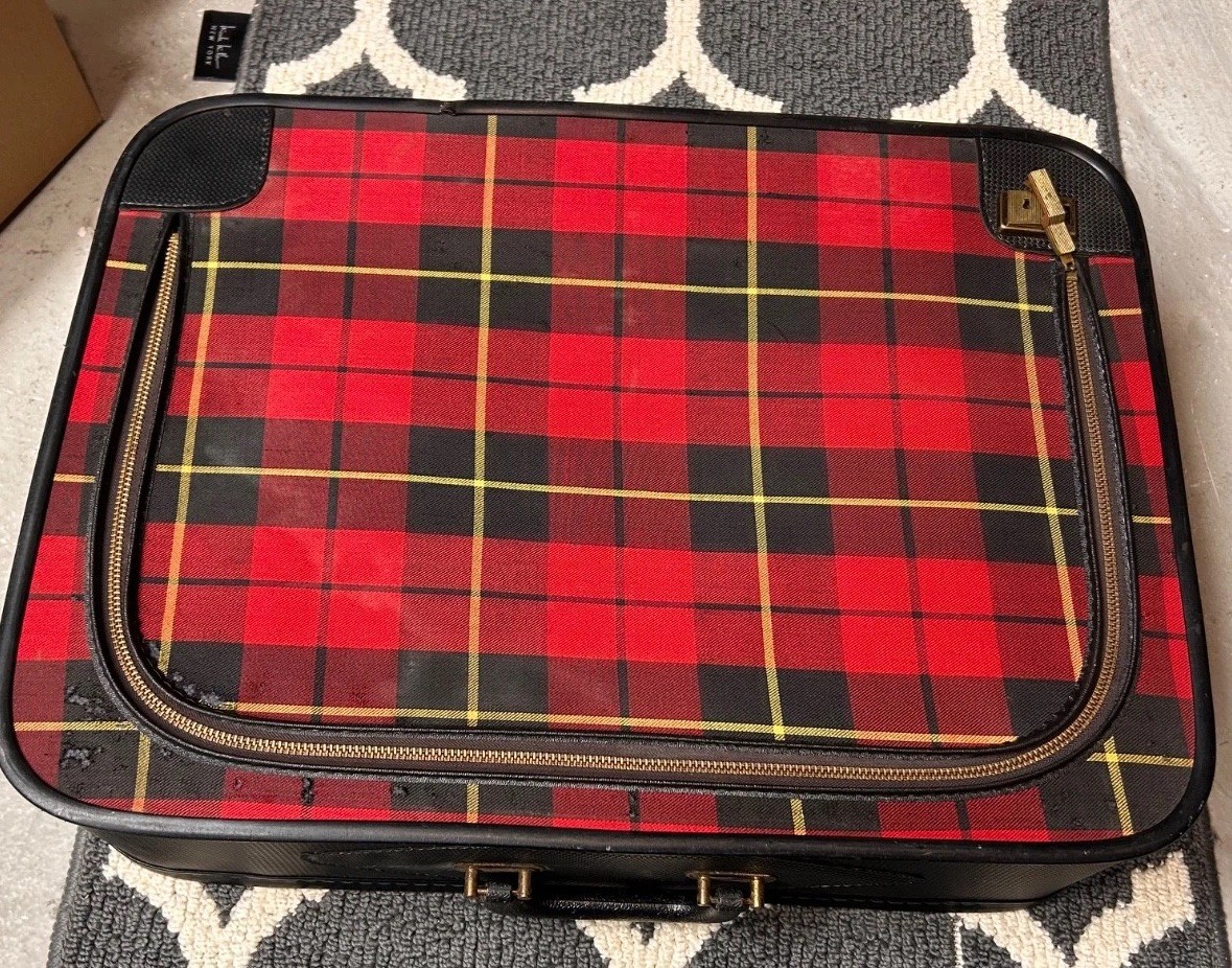 Vintage Fleetwood 500 Red Plaid Suitcase Mid Century Luggage Hipster Retro Bag