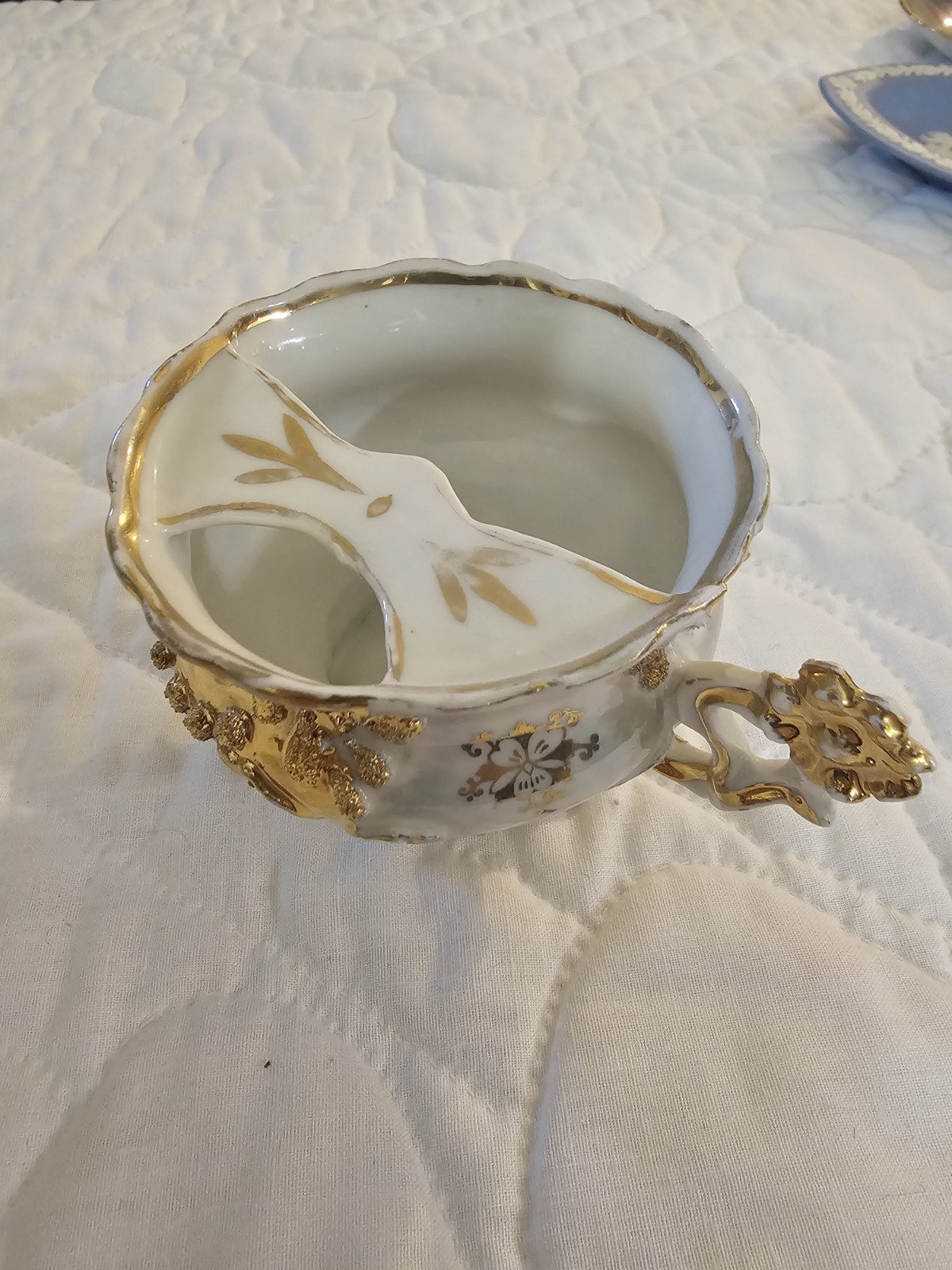 Antique LUSTERWARE TEACUP, Fine Porcelain,  Raised Flower mustache cup