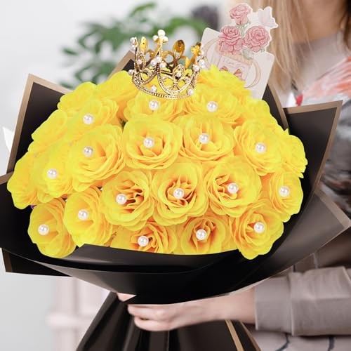 Glitter Roses Bouquet, DIY Artificial Bouquet of Shiny Fake Flower, Yellow