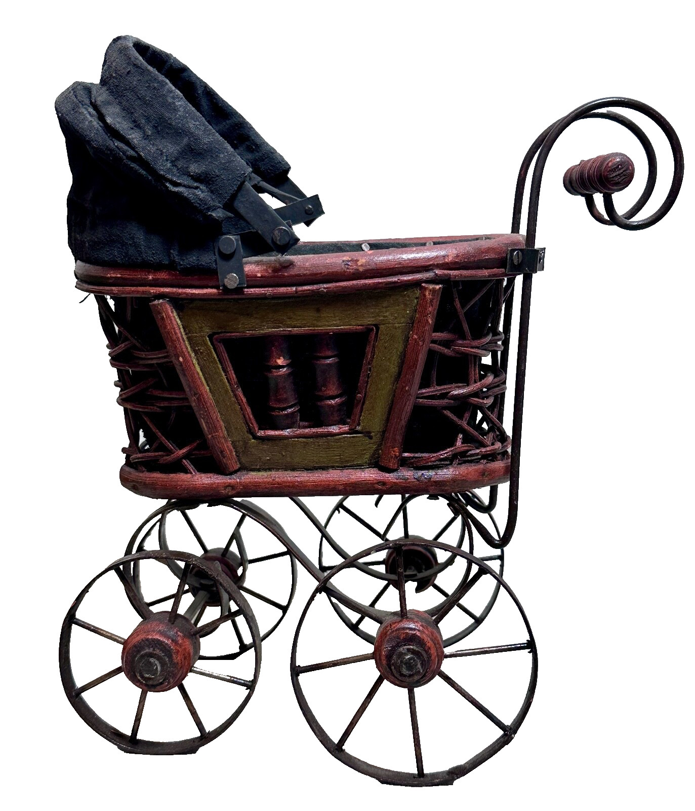 Antique Victorian 11" Baby Stroller Carriage Wicker Iron Vintage Decor