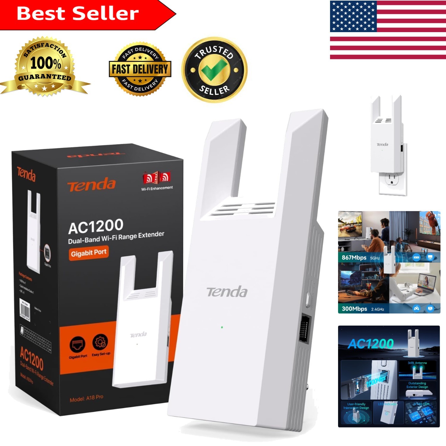 Gigabit Ethernet WiFi Extender AC1200 - Dual Band Signal Booster for 32 Devices