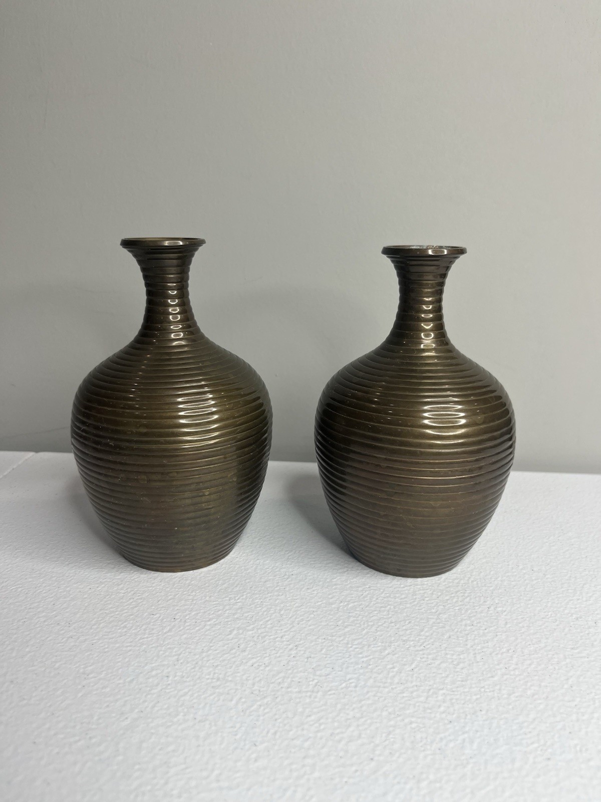 Vtg Brass Vase Set Of 2 Ribbed Ringed 6” MCM