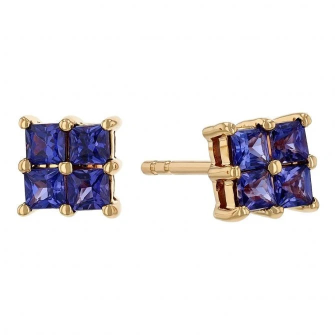 Sapphire Blue 18K Yellow Gold Over Square Princess Cut Stud Earrings For Men's