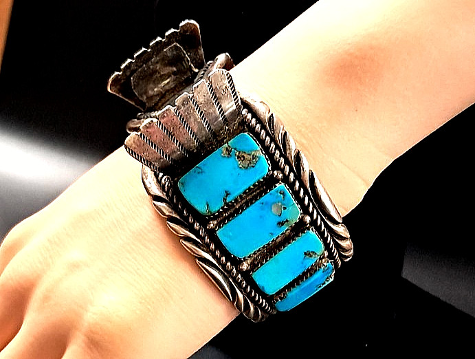 SIGNED MOSES JACK NAVAJO STERLING & TURQUOISE WATCH CUFF BRACELET 84.87gr