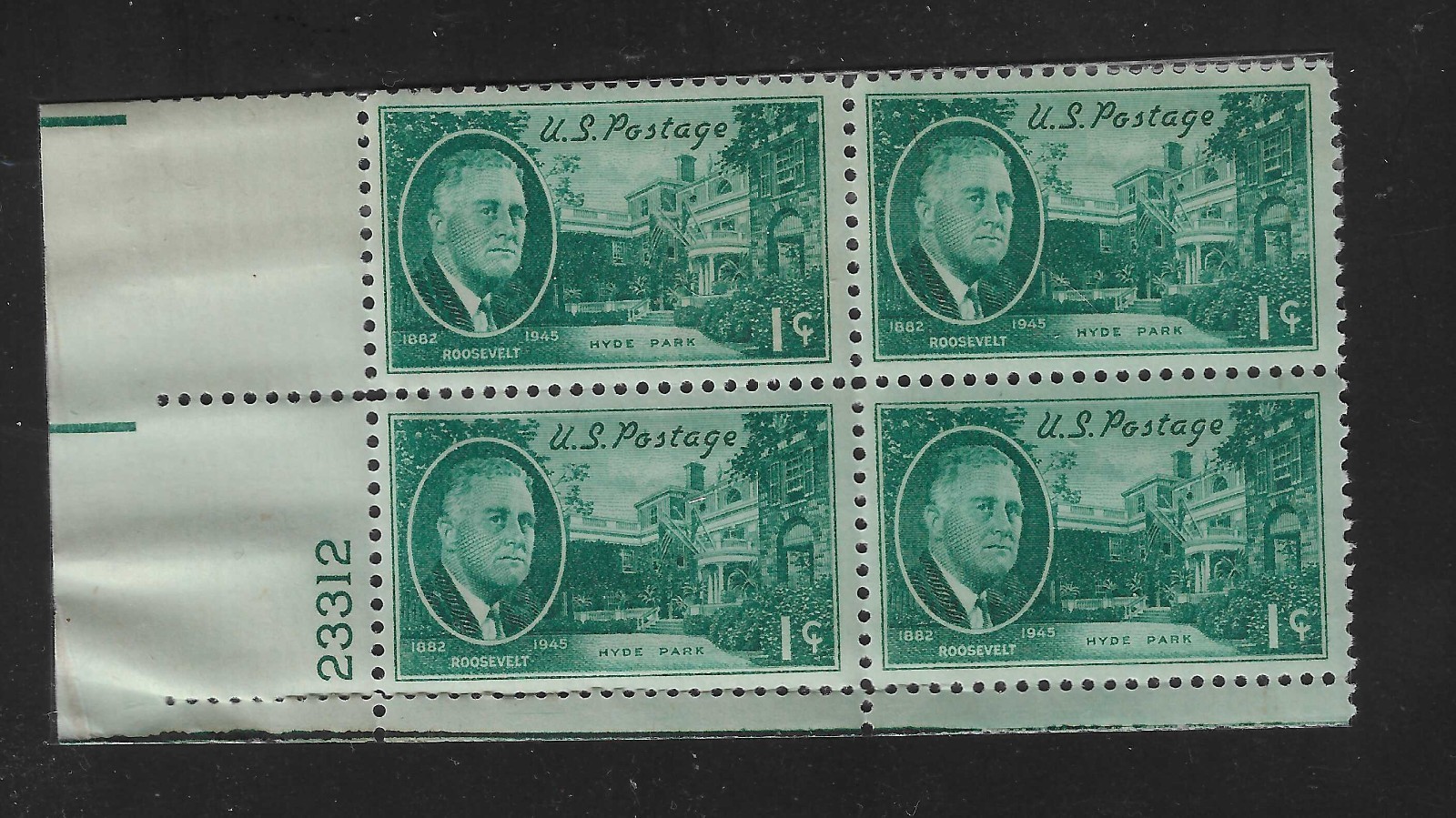 Plate Block  - Scott 930 - 1 cent - Franklin D. Roosevelt - 1945 MNH