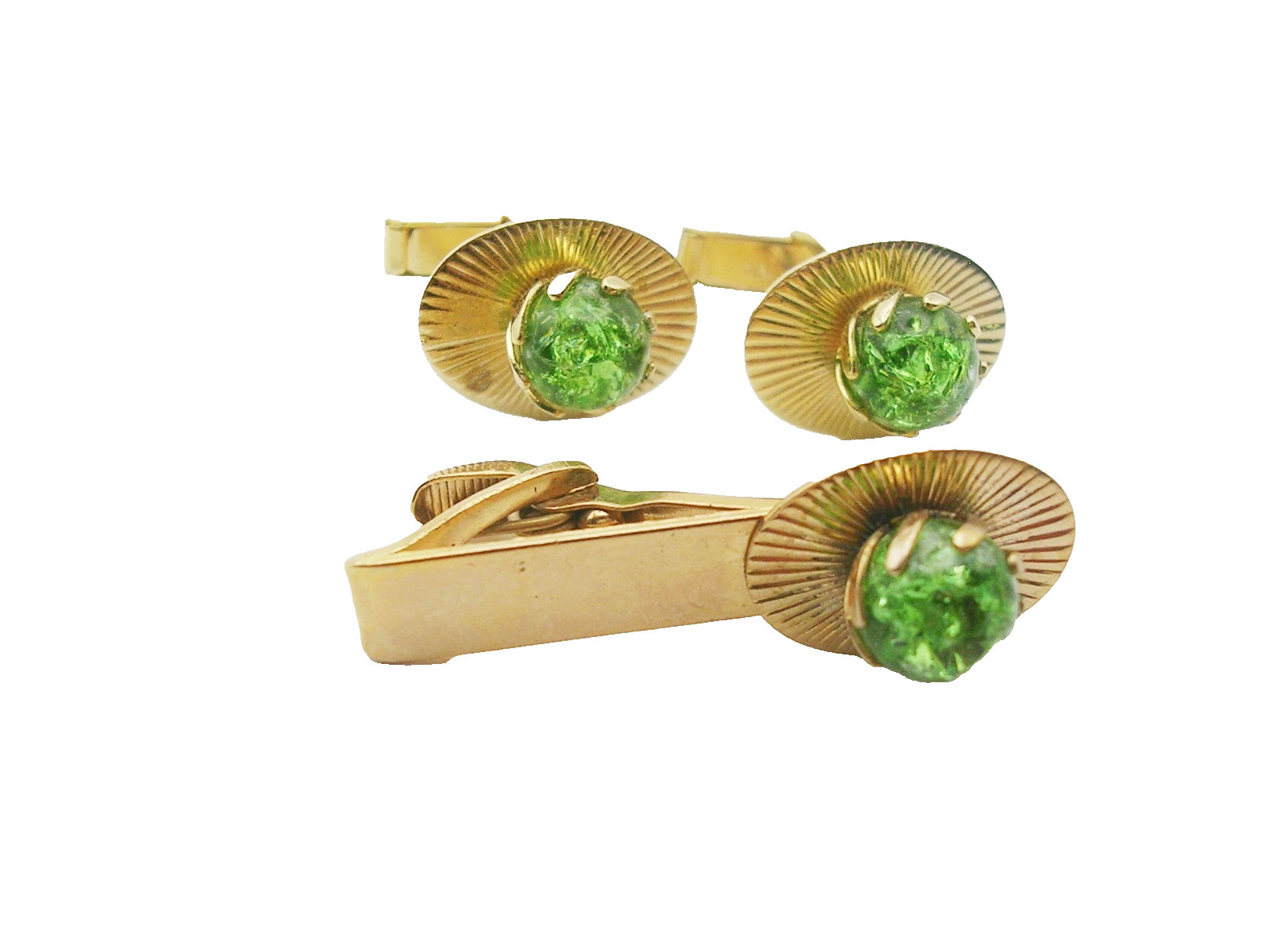 Vintage Cuff Links Tie Clip Bar Set gold tone Green Glass Marble