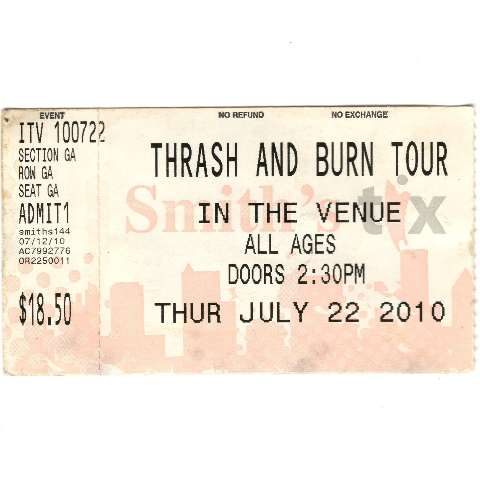 THRASH AND BURN TOUR Concert Ticket Stub SALT LAKE CITY UT 7/22/10 IN THE VENUE
