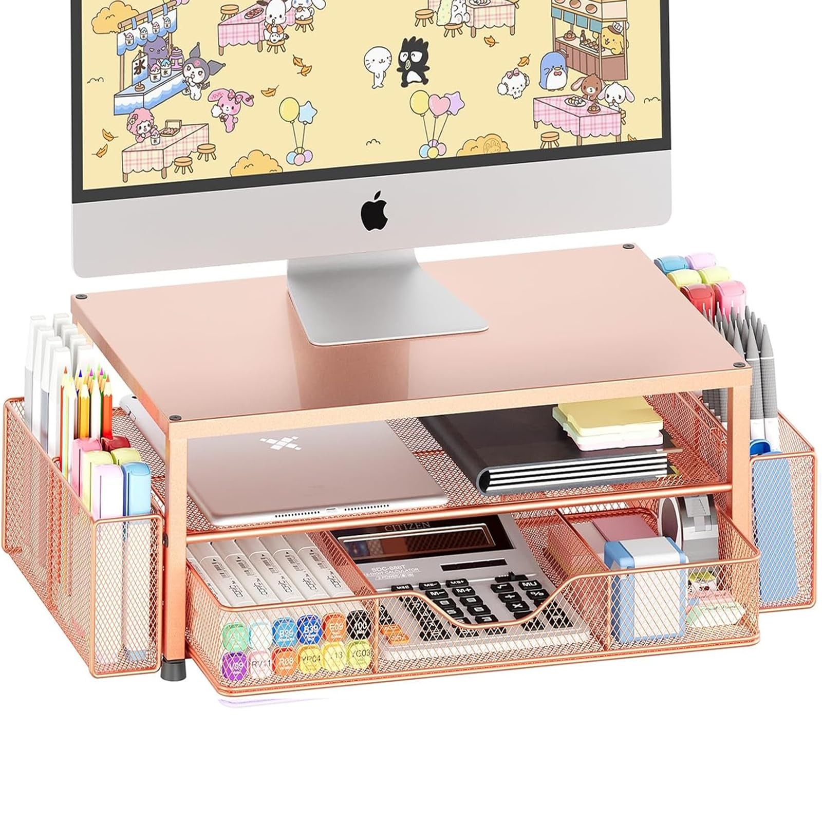 Desk Organizers and Accessories, 2-Tier Computer Monitor Stand with Drawer an...