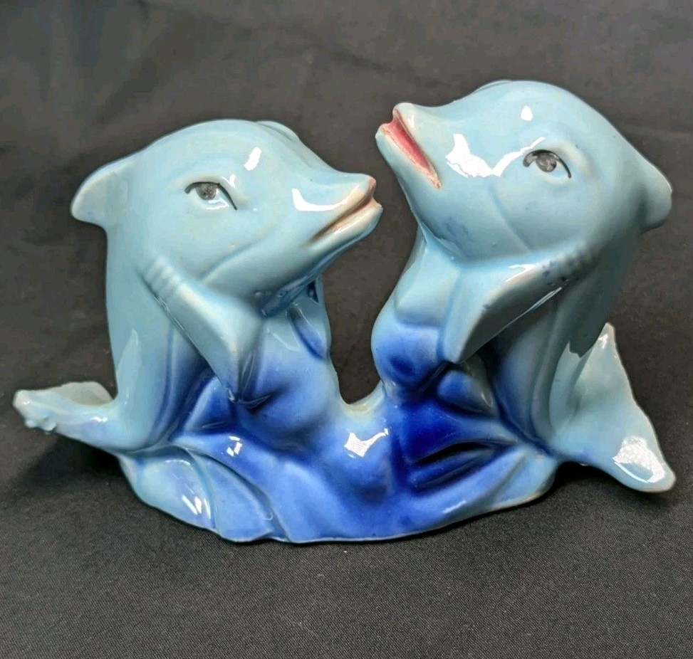 Vintage 1970s Handpainted Ceramic Playing Dolphin On Waves 4" Figurine 
