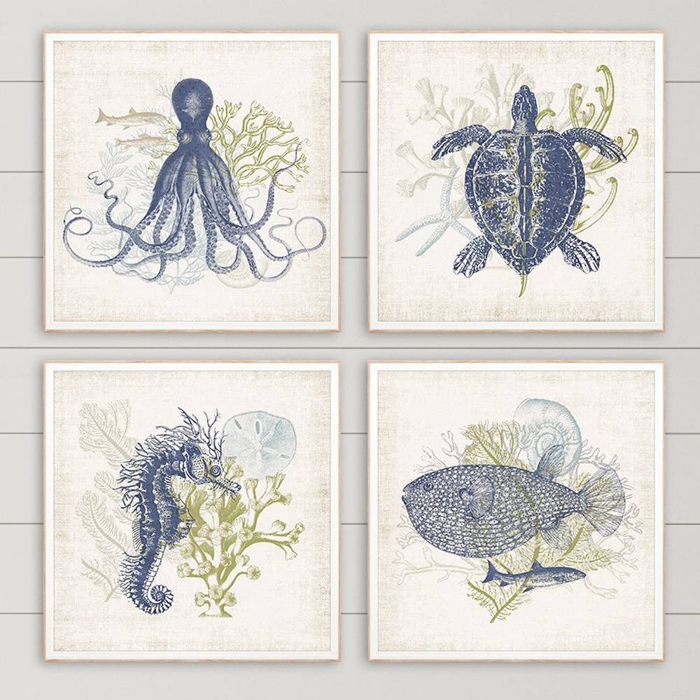 Coastal Ephemera 18" Square 4-Piece Giclee Wall Art Set