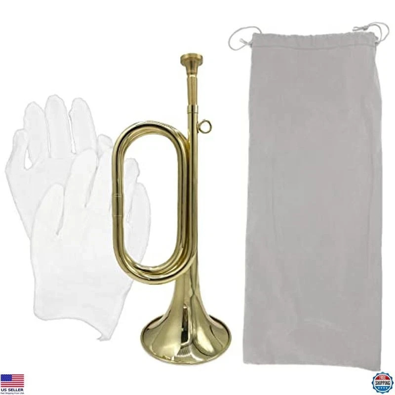 Gold Plated Brass Trumpet Bugle Horn with Bag & Gloves for Military Orchestra