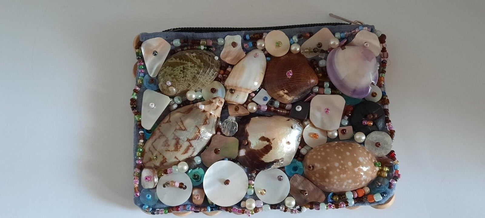 Hand Made Zipper Pouch With Real Sea Shells & Beads Used