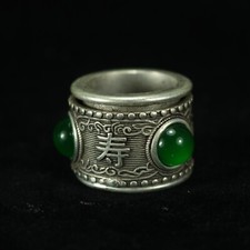 21Mm Chinese Old Tibet Inlaid Silver Green Jade Fu Lu Shou Ring