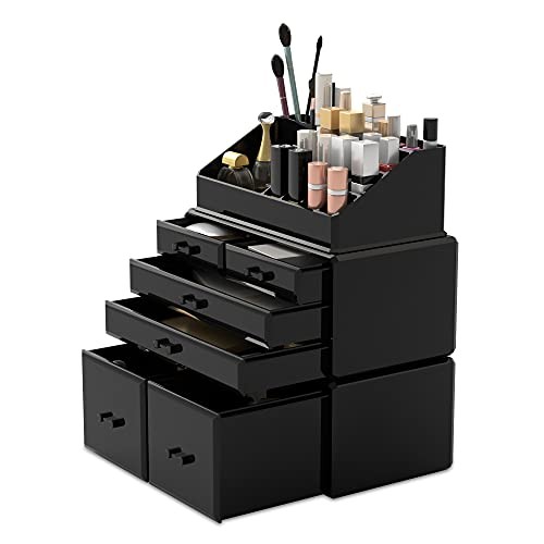  Makeup Organizer 3 Pieces Cosmetic Storage Case with 6 Drawers () 3 Layer Black