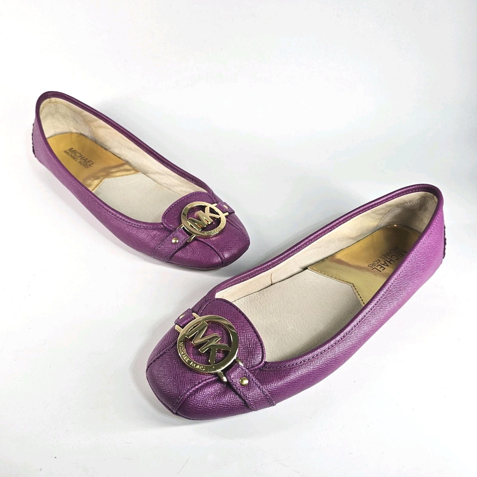 Michael Kors Fulton Flats Magenta Leather Ballet Shoes 9.5 MK Logo Slip On