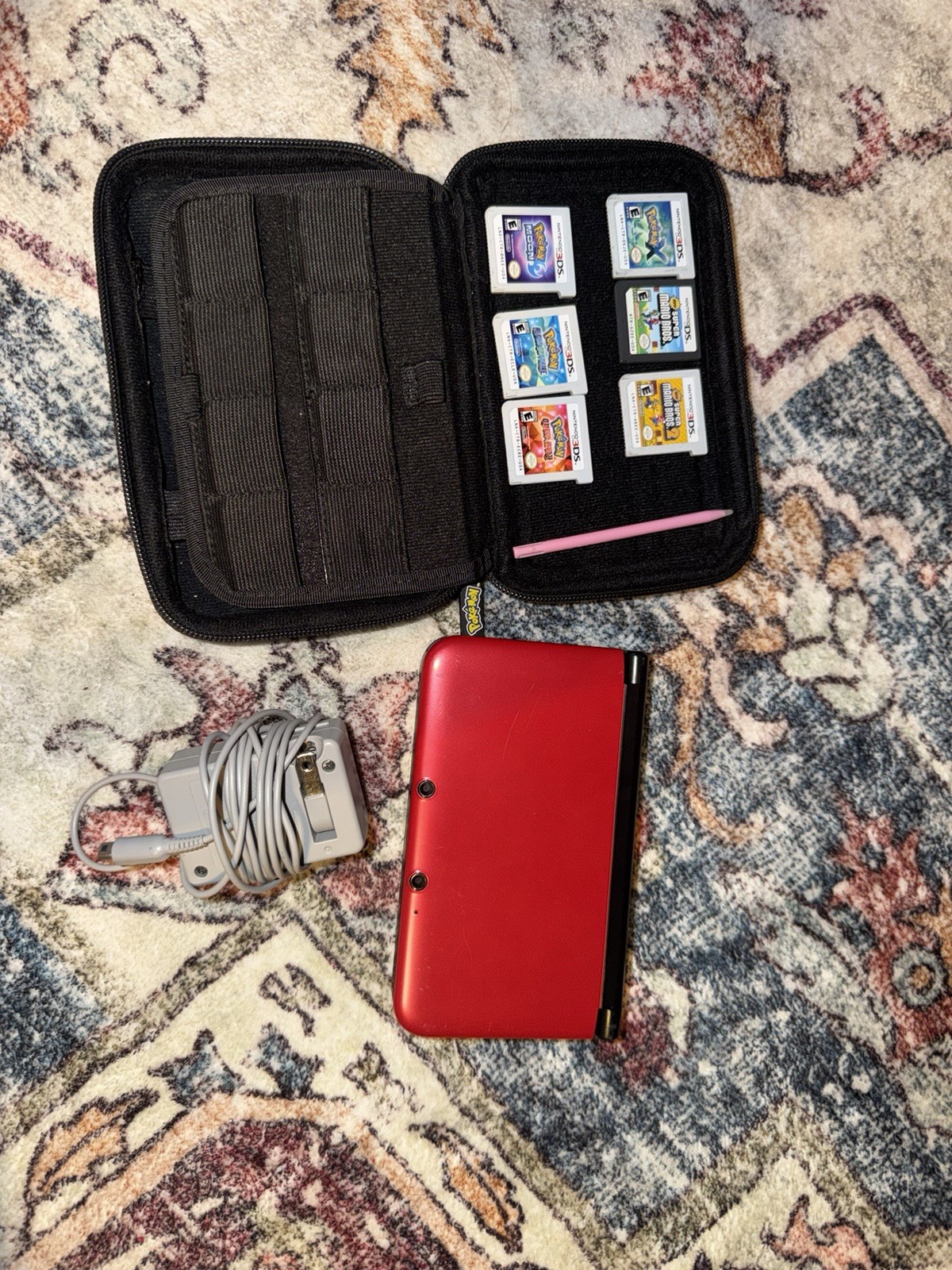 Nintendo 3DS XL Red Console w/ Charger, Case, Pokémon & Super Mario Games