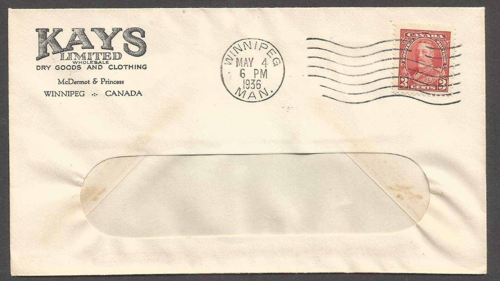 1936 Kays Dry Goods & Clothing Advertising Cover 3c Pictorial Winnipeg Manitoba