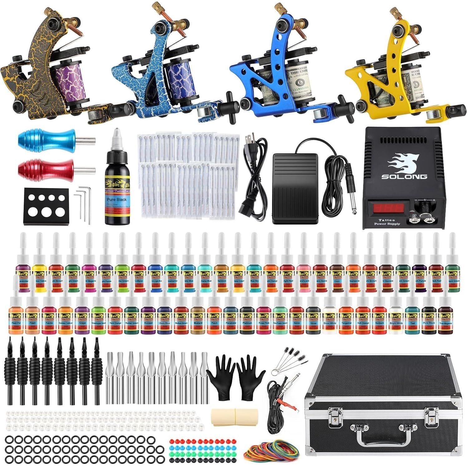 Complete Tattoo Kit 4 Pro Machine Guns 54 Inks Power Supply Foot Pedal Needles
