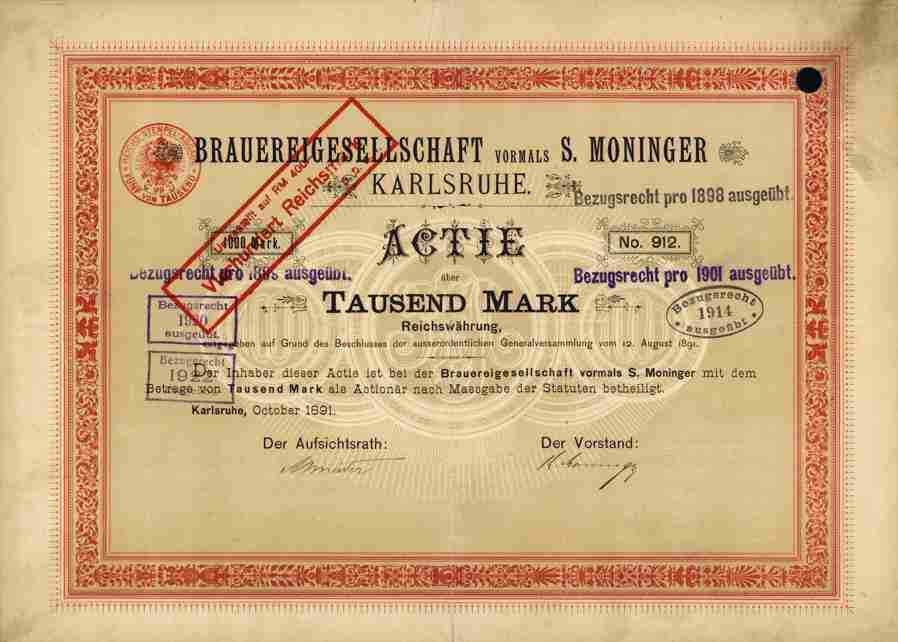 Brewery Company S. Moninger AG 1891 Karlsruhe Durlach Stuttgart 1000 Mark