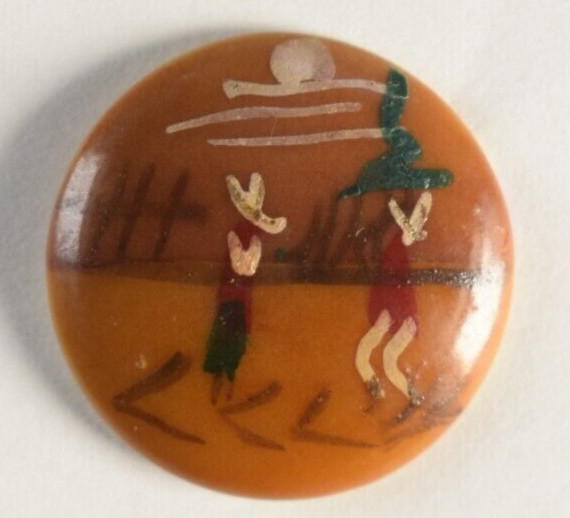 1920s-30s Hand Painted Tagua Nut Button Tropics Scene Natives R158