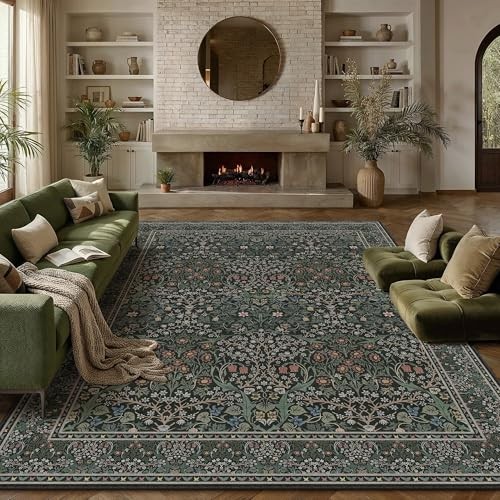  Vintage Floral Machine Washable 8x10 Area Rugs Black Green Living Room 