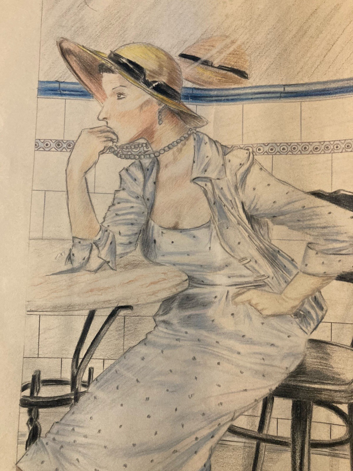 Dessin Portrait Crayon Papier Femme 1930 Nouveau Déco Art Main Belle Epoque XXe