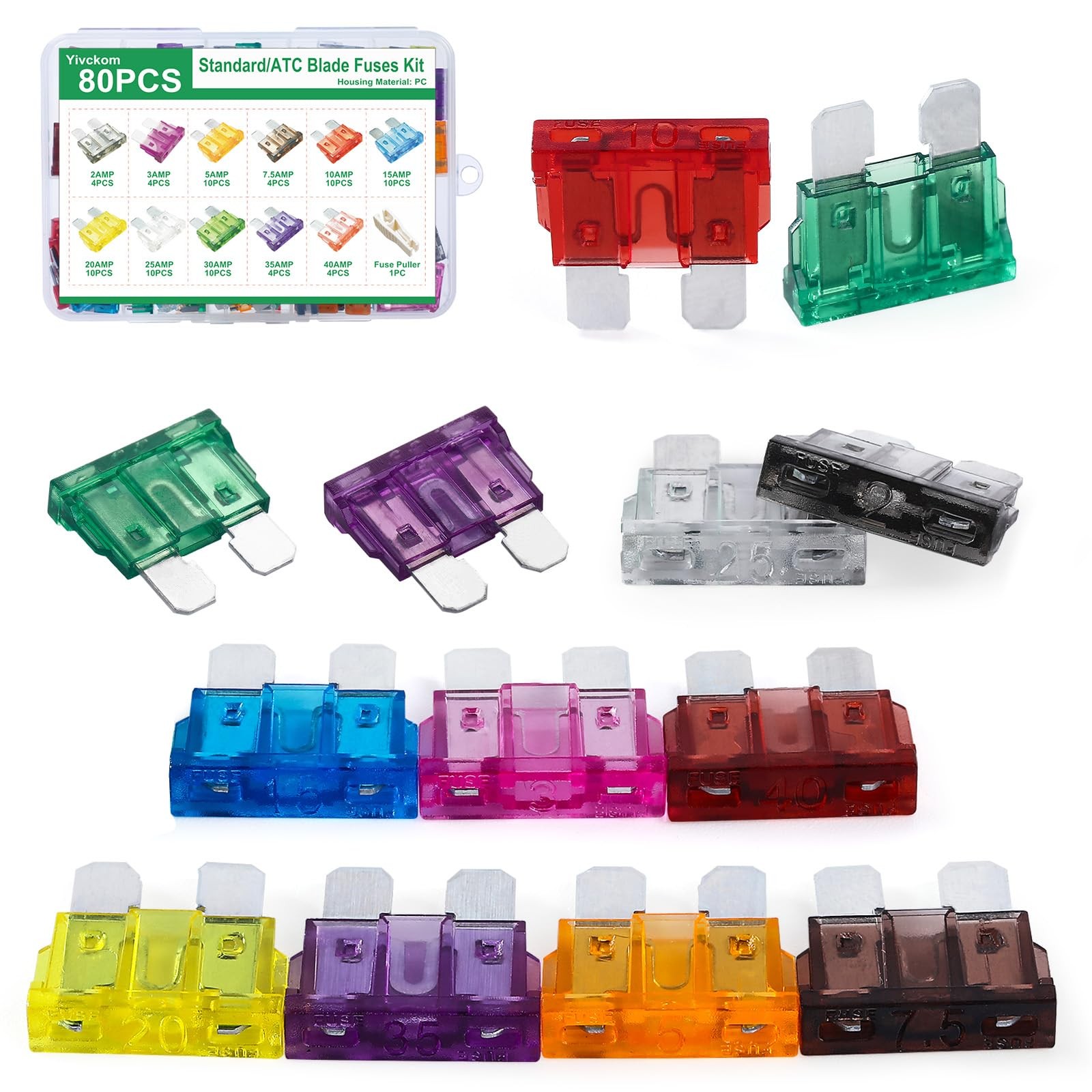 80PCS Car Automotive Fuses, Fuses Assortment Kit, Standard/ATC Multicolor 