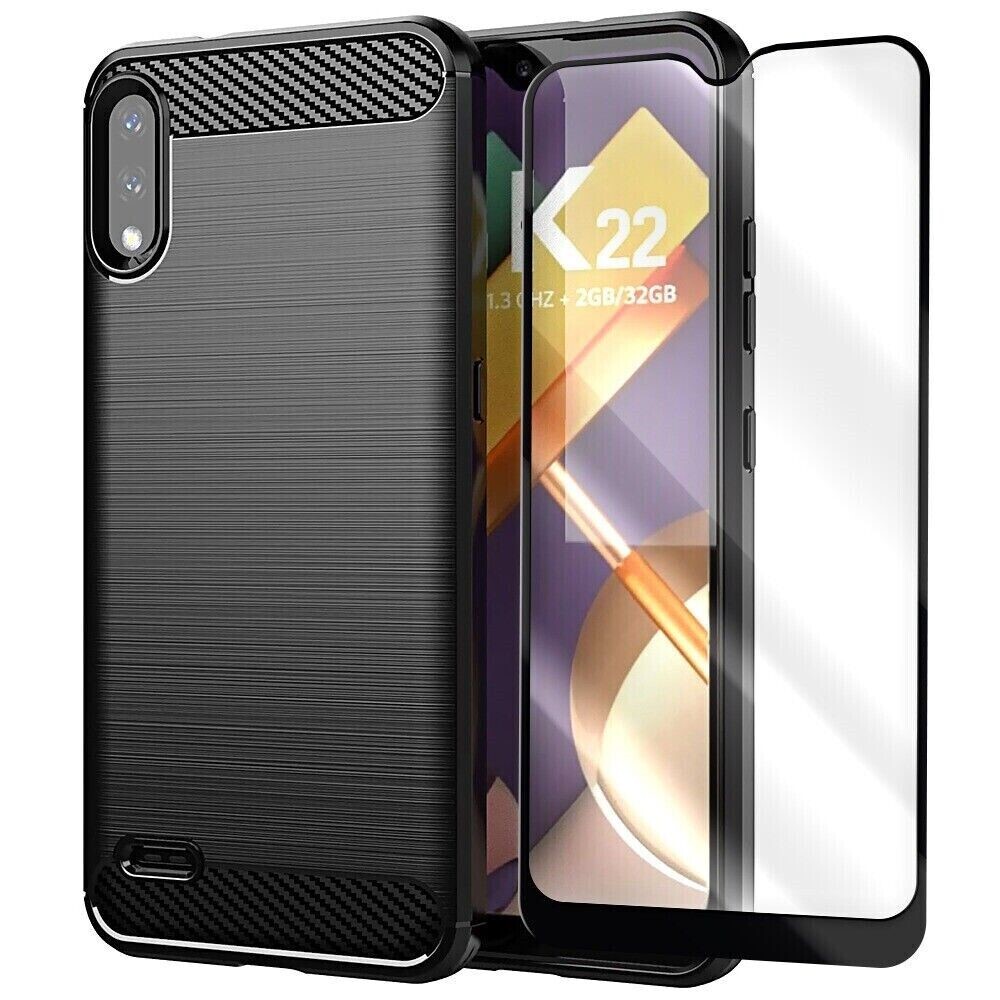 Tempered Glass Screen Protector Carbon Fiber TPU Case for LG K22 LM-K200TM Phone