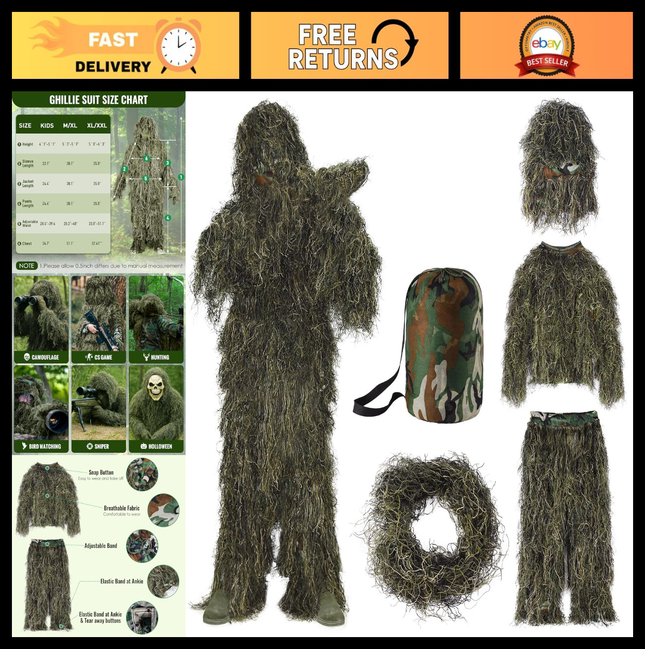 5-in-1 Ghillie Suit - 3D Camouflage Hunting Jacket, Pants, Hood & Carry Bag - M/