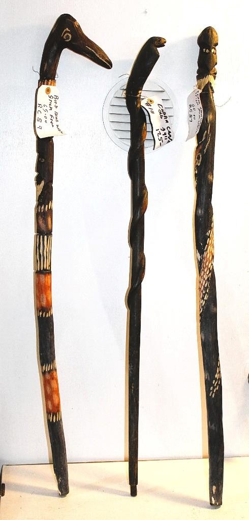 Lot of 3 Vintage Hand Carved Intricate Wood Walking Stick Cane Snake Cobra Bird