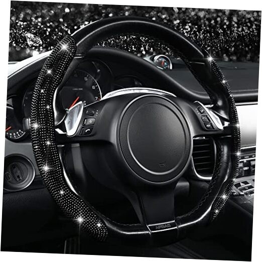  2PCS Bling Diamond Segmented Steering Wheel Cover with Crystal Black Diamond