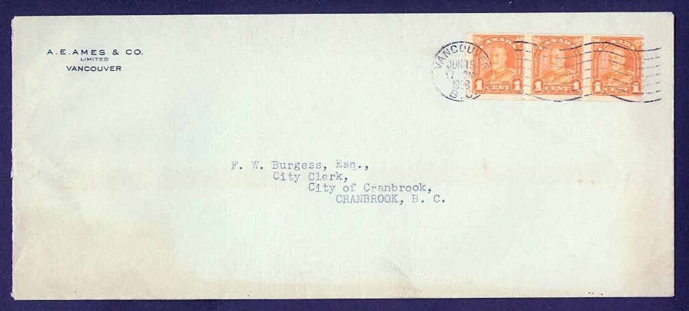 CANADA 1938 1c ARCH COIL STRIP OF 3 COVER