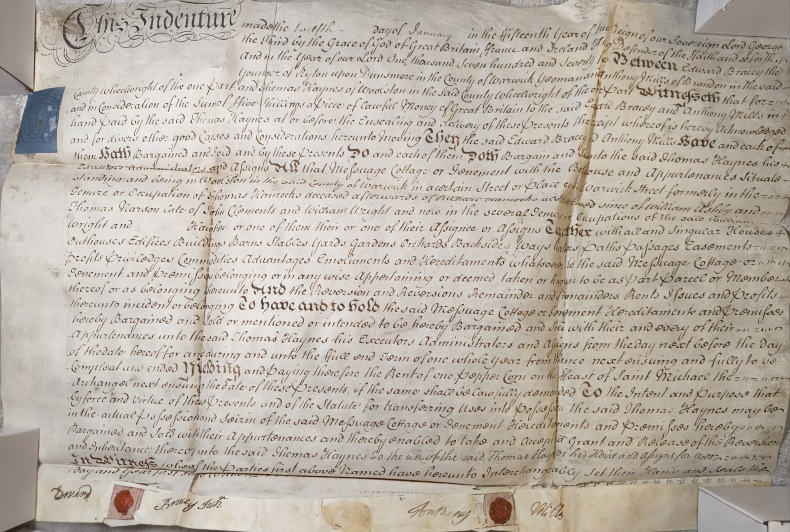 1758 Original English Parchment Indenture- Wax Seal- Vellum -Blue Revenue Stamp