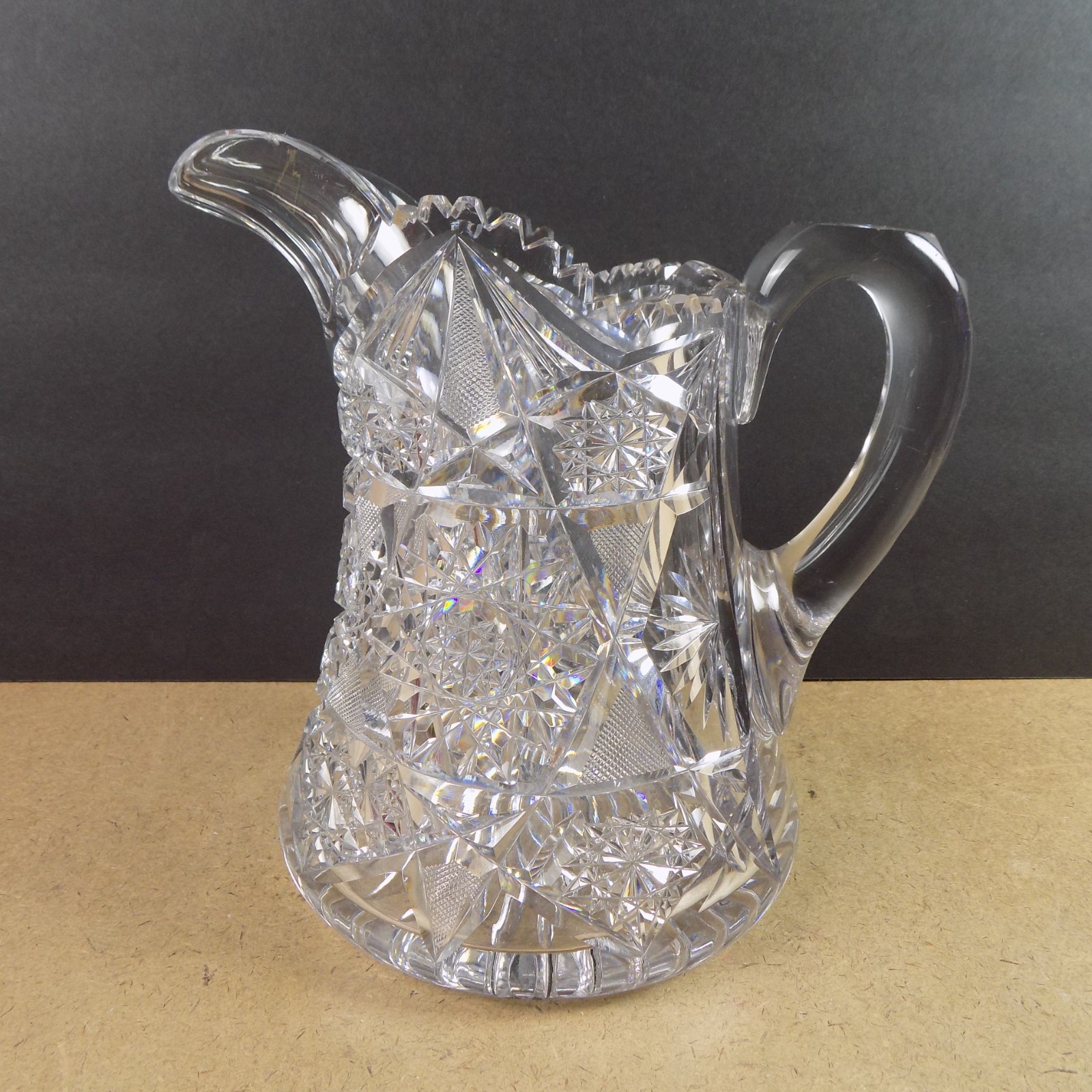 Antique American Brilliant Cut Glass Pitcher Hobstars VGC 8.25" Tall Beauty!