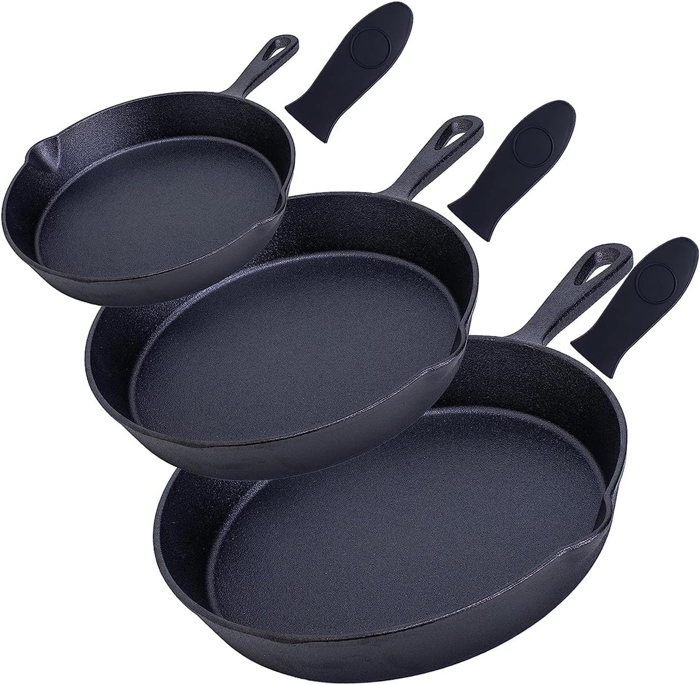 6, 7.5, 10 Inches Black Pre-Seasoned Cast Iron Frying Pan Set of 3, Oven Safe Ca