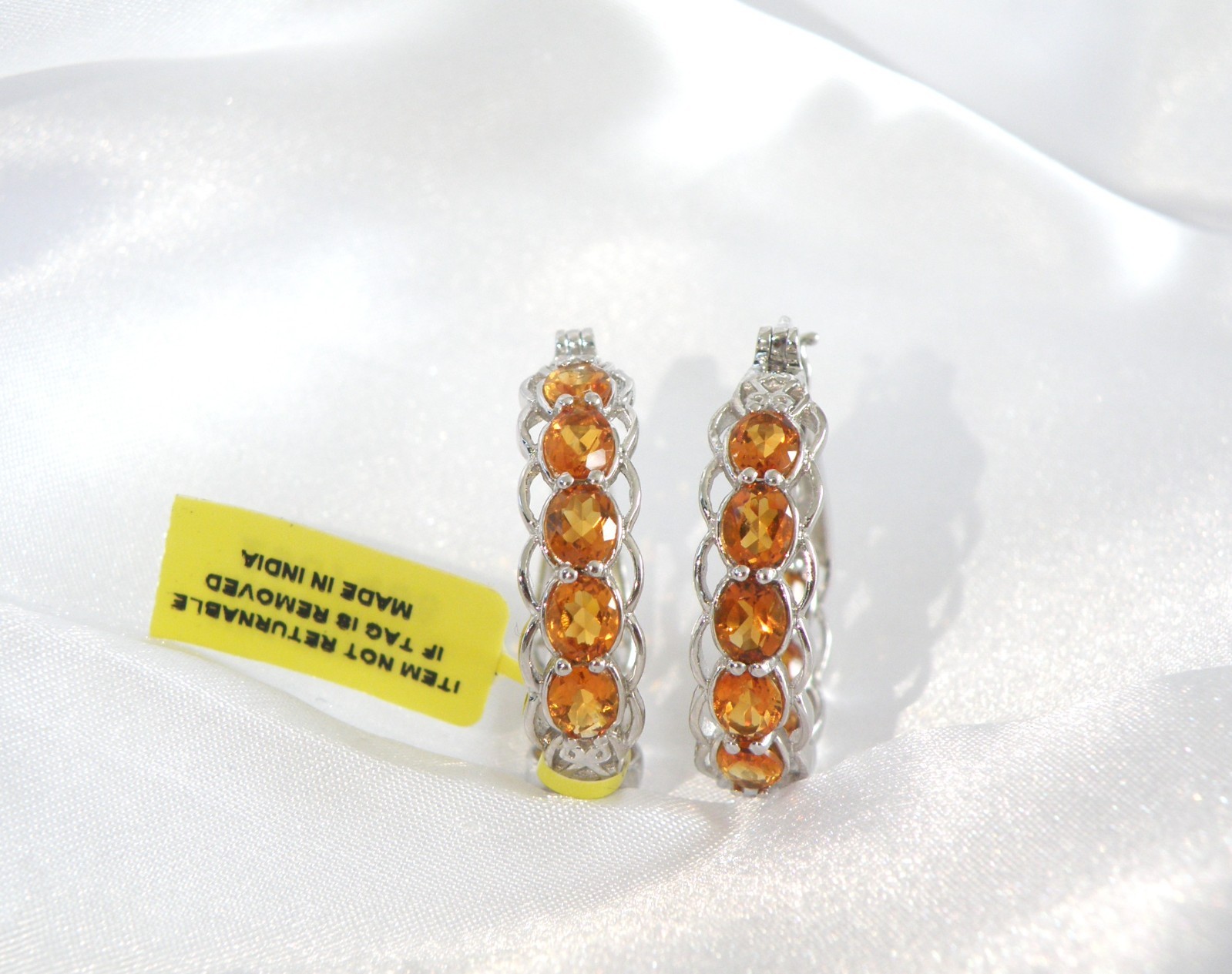 Sterling Silver 925 Natural Orange Citrine Inside Out Hoop Earrings