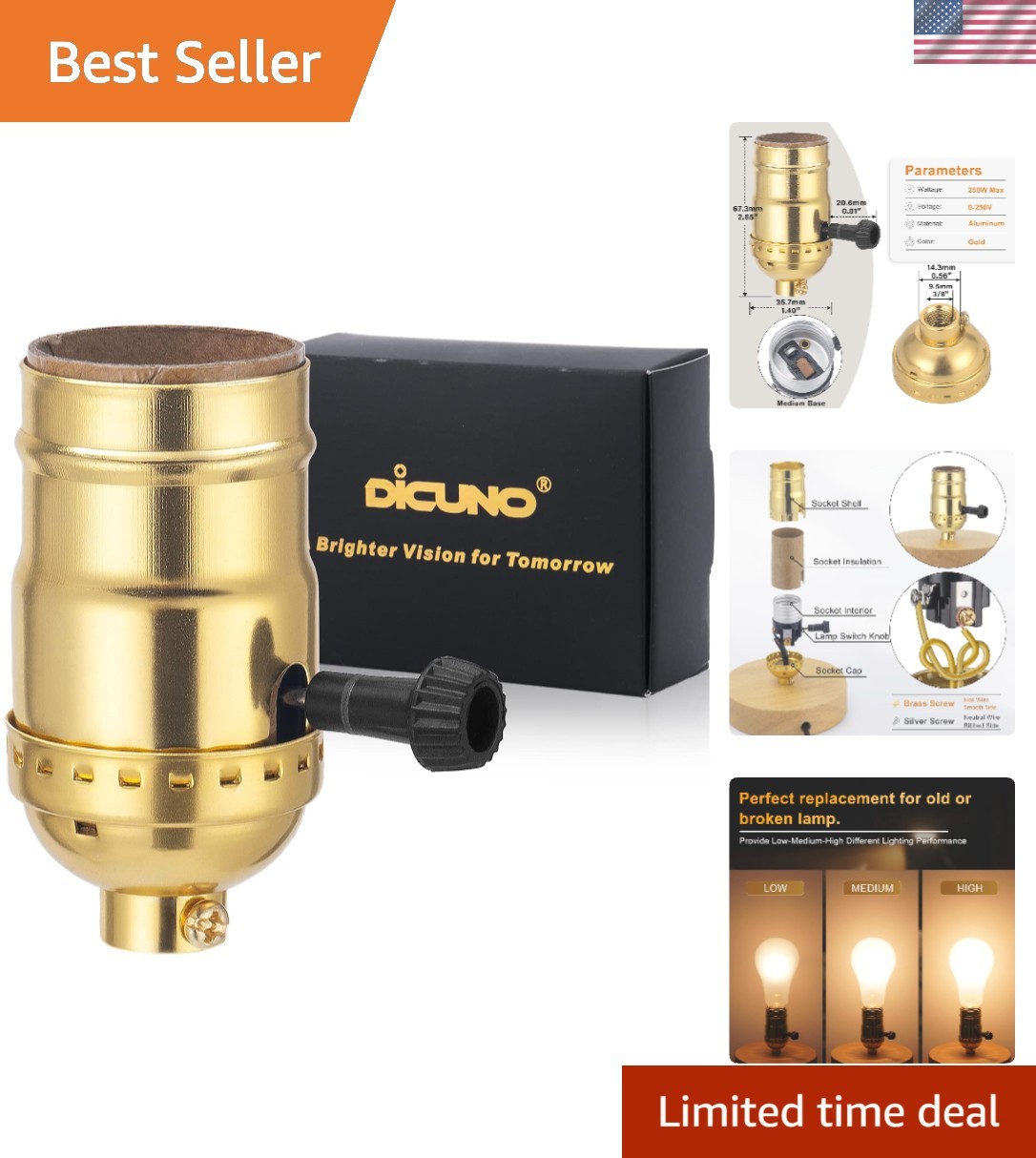 Listed 3-Way Gold Lamp Socket Replacement