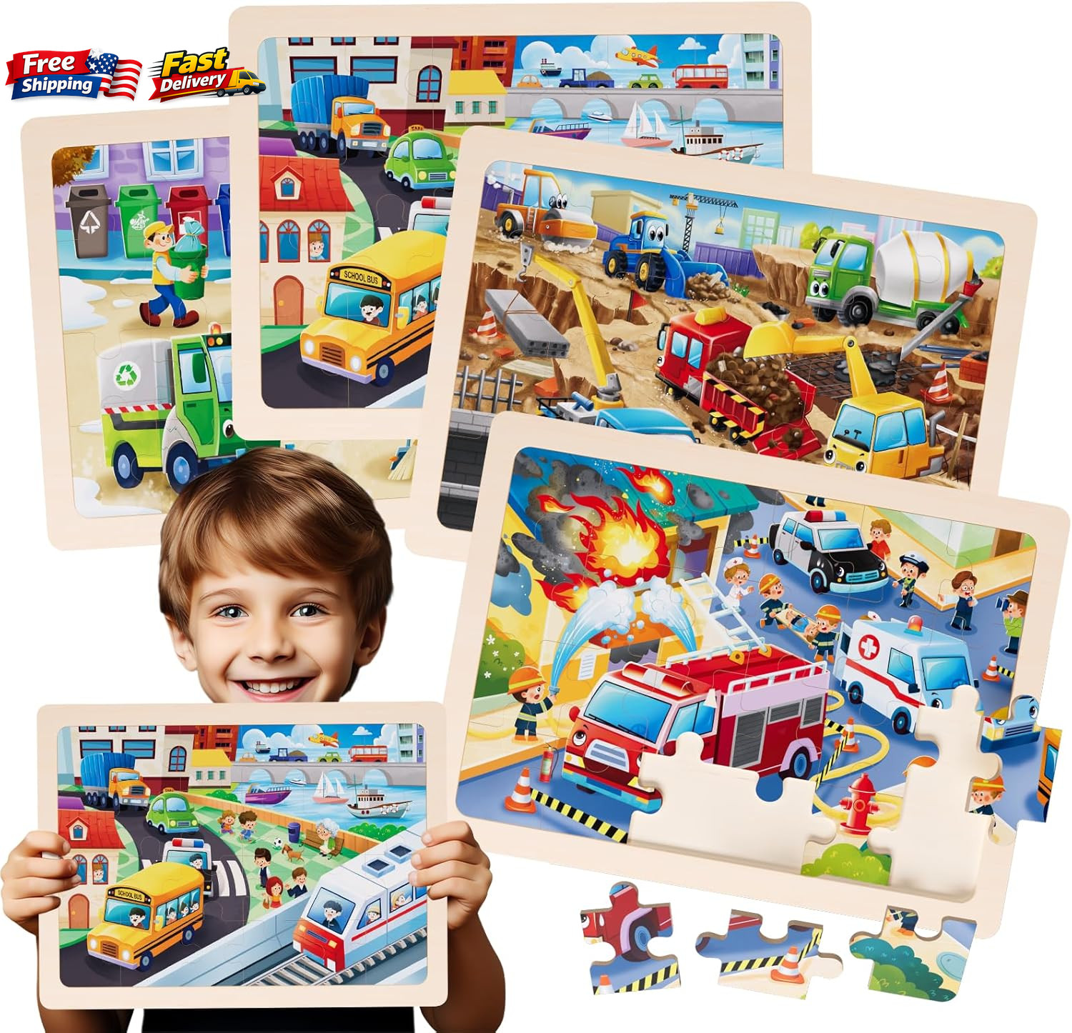 Wooden Jigsaw Puzzles for Kids 4-6 Educational Toddler Toys Construction Vehicle