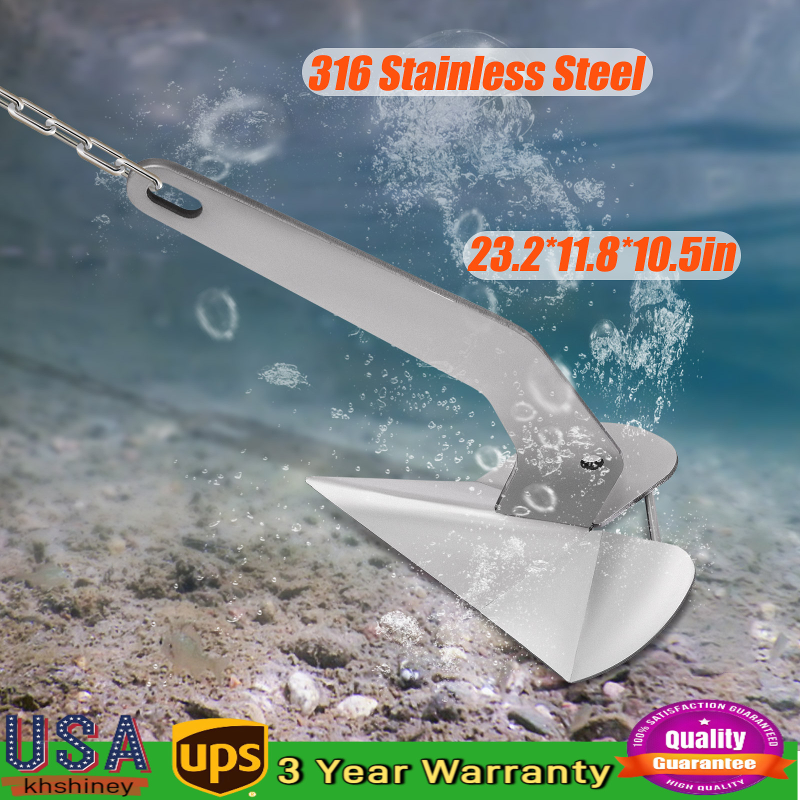 17 lb 8 kg 316 Stainless Steel Delta Style Boat Anchor, Boats from 22-30 ft*