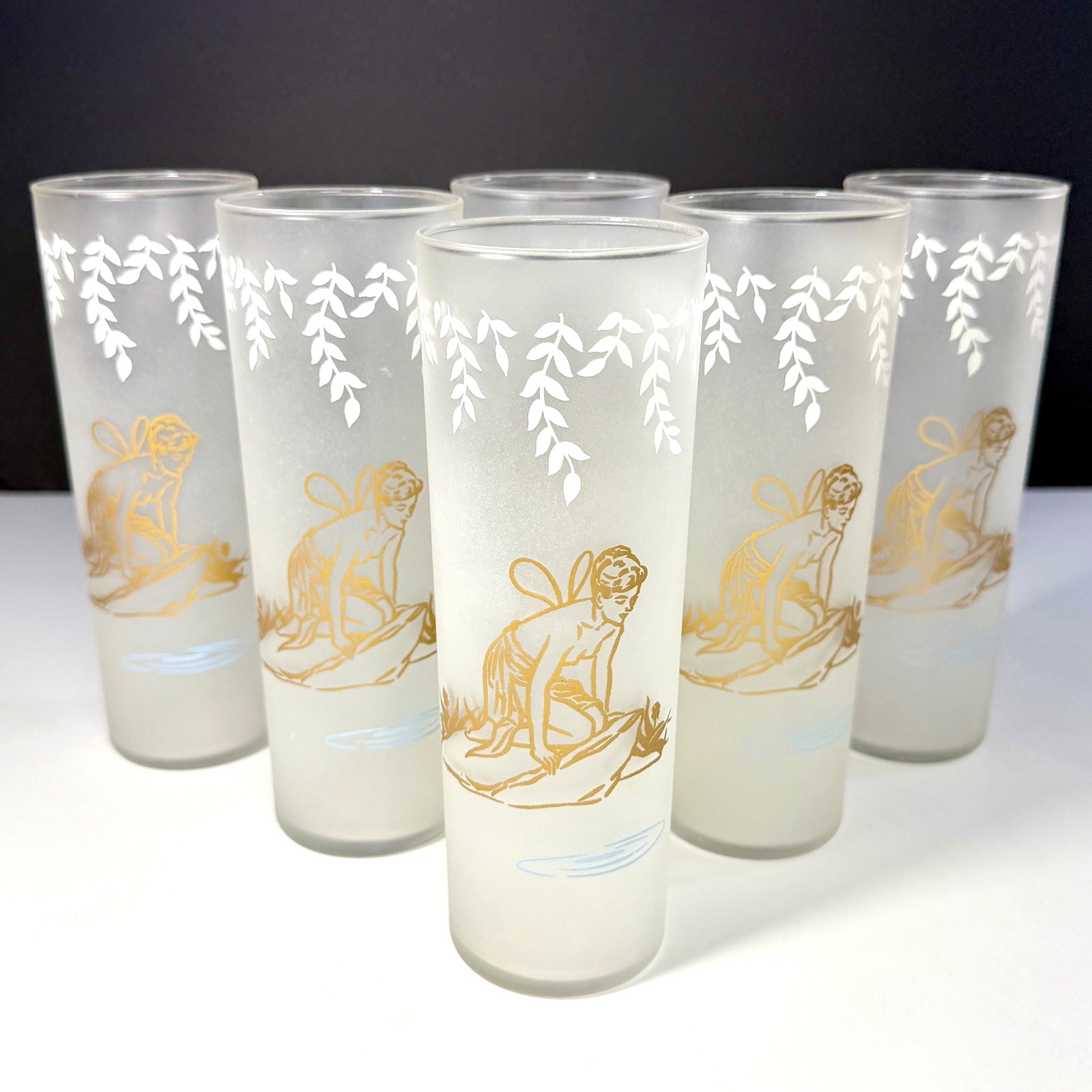 VTG Libbey Frosted Gold Nymph Fairy Highball Glasses MCM Collins Barware Set/6