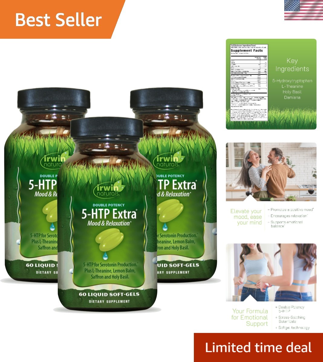 Double Potency 5-HTP Extra - 60 Liquid Soft-Gels, Pack of 3 - for Relaxation ...