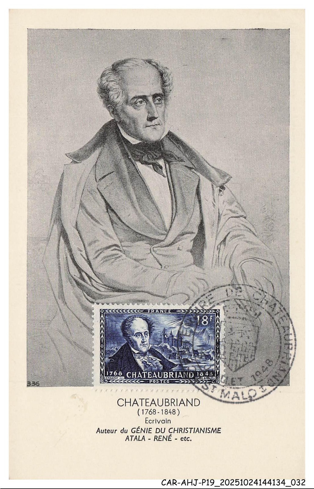CAR-AHJP19-0912-CARTE-MAXIMUN - Chateaubriand - Writer - 1948